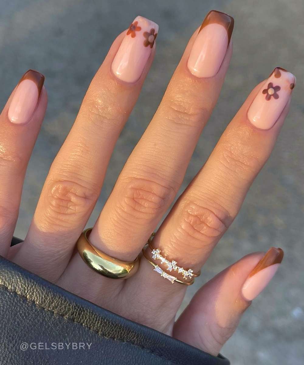 Brown square floral French mani