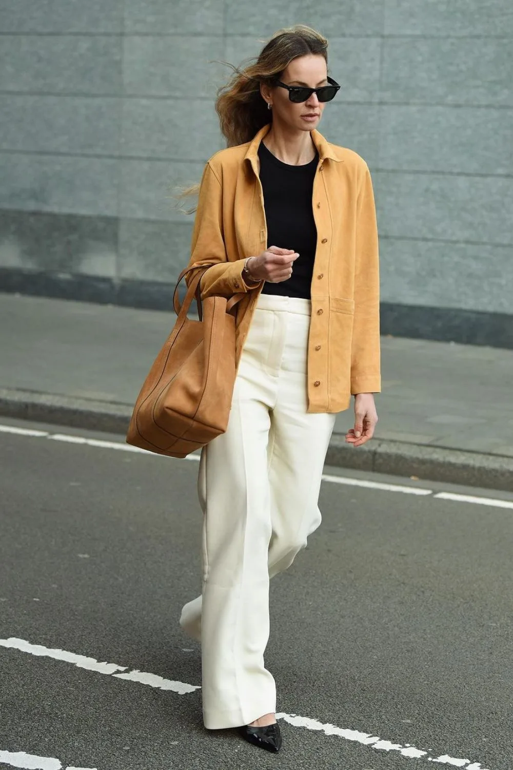 Camel Jacket & White Trousers