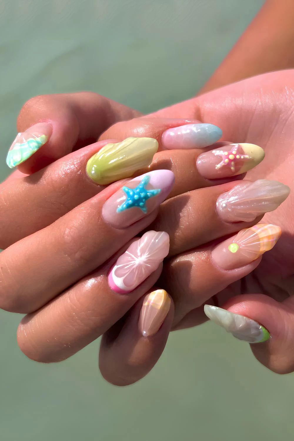 Colorful summer mix and match mani with fruit and ocean art
