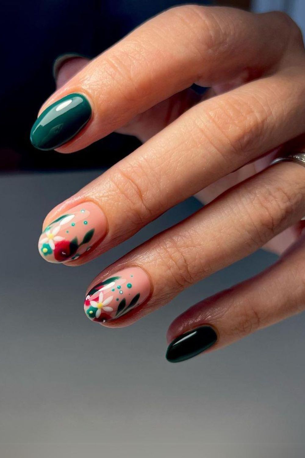 Dark green floral nails