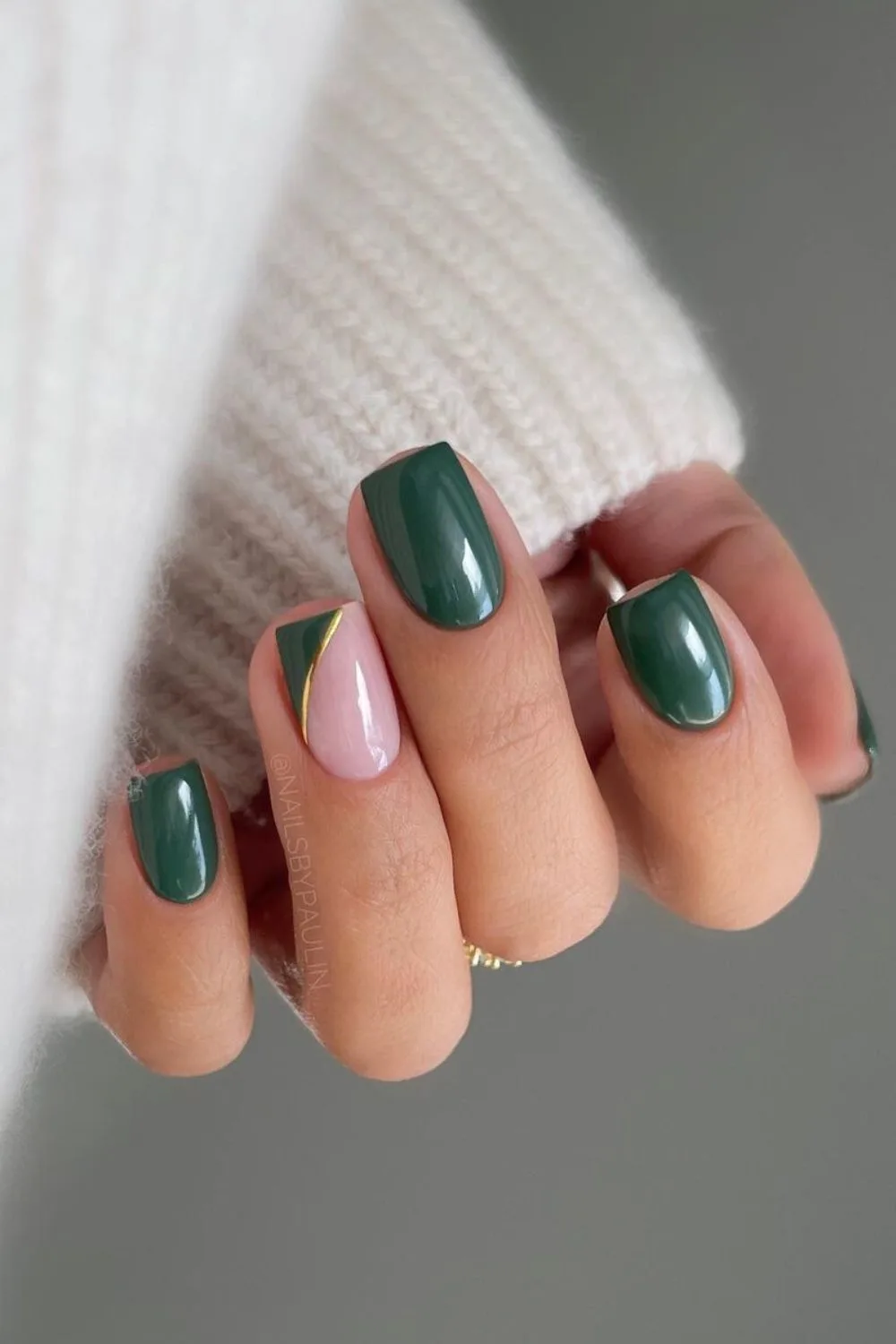 Dark green mani with side french tip accent