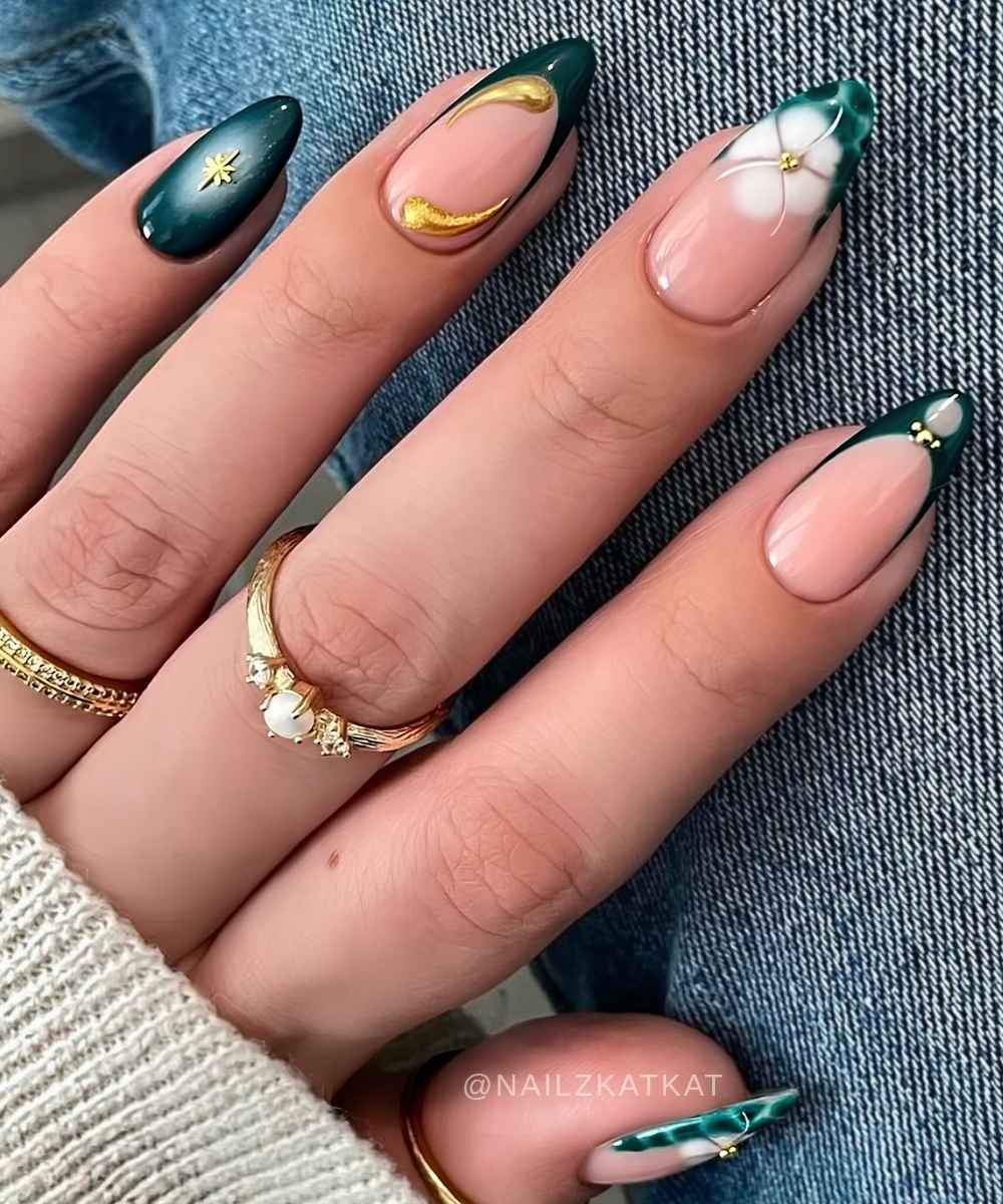 Dark green mix and match nails with florals and gold details