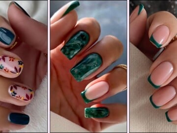 A collage of dark green nail designs