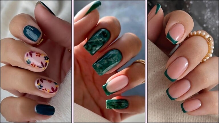 A collage of dark green nail designs