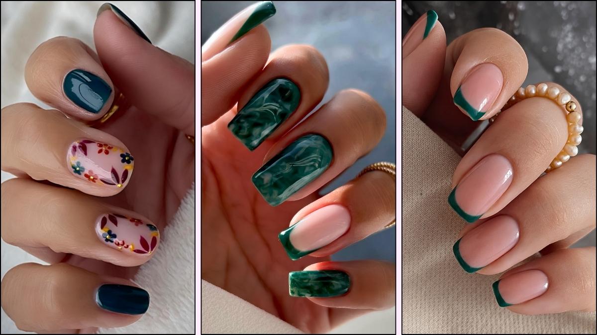 A collage of dark green nail designs