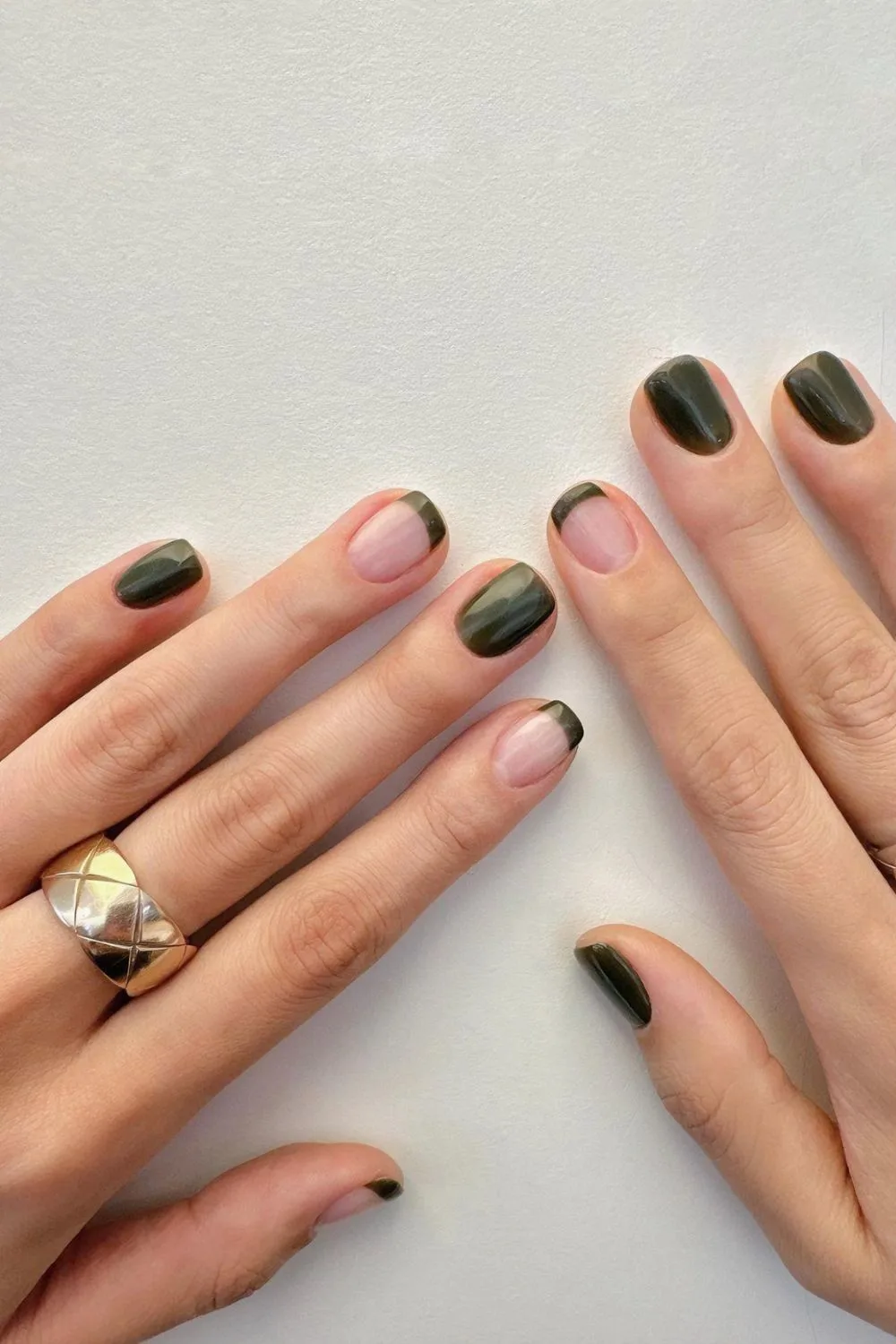 Dark green solid and french tip mix nails