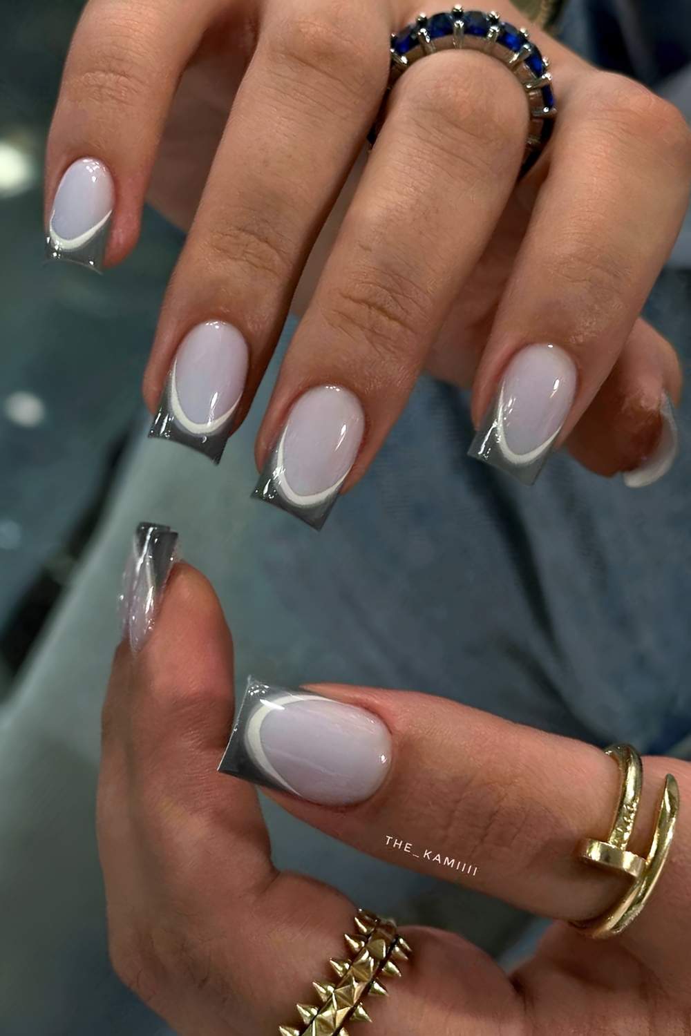 Dark sage green French nails with white outlines
