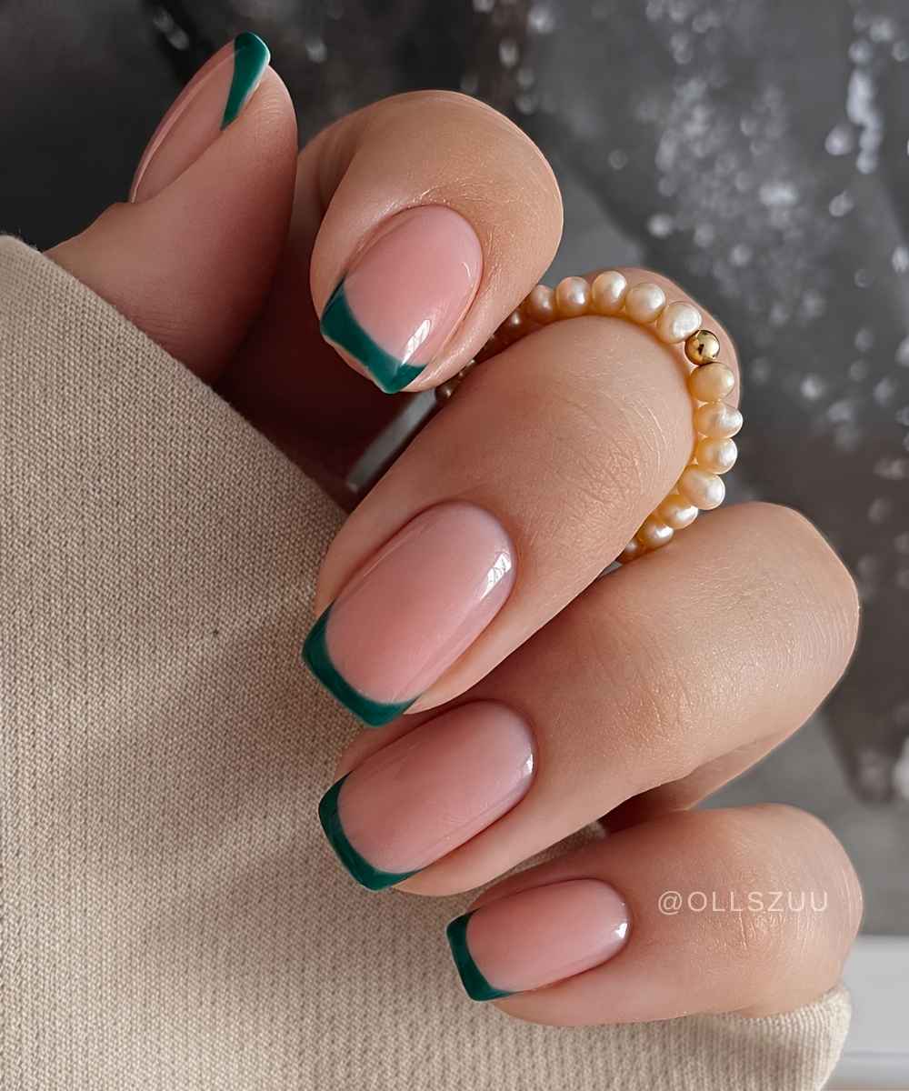Deep green micro French manicure