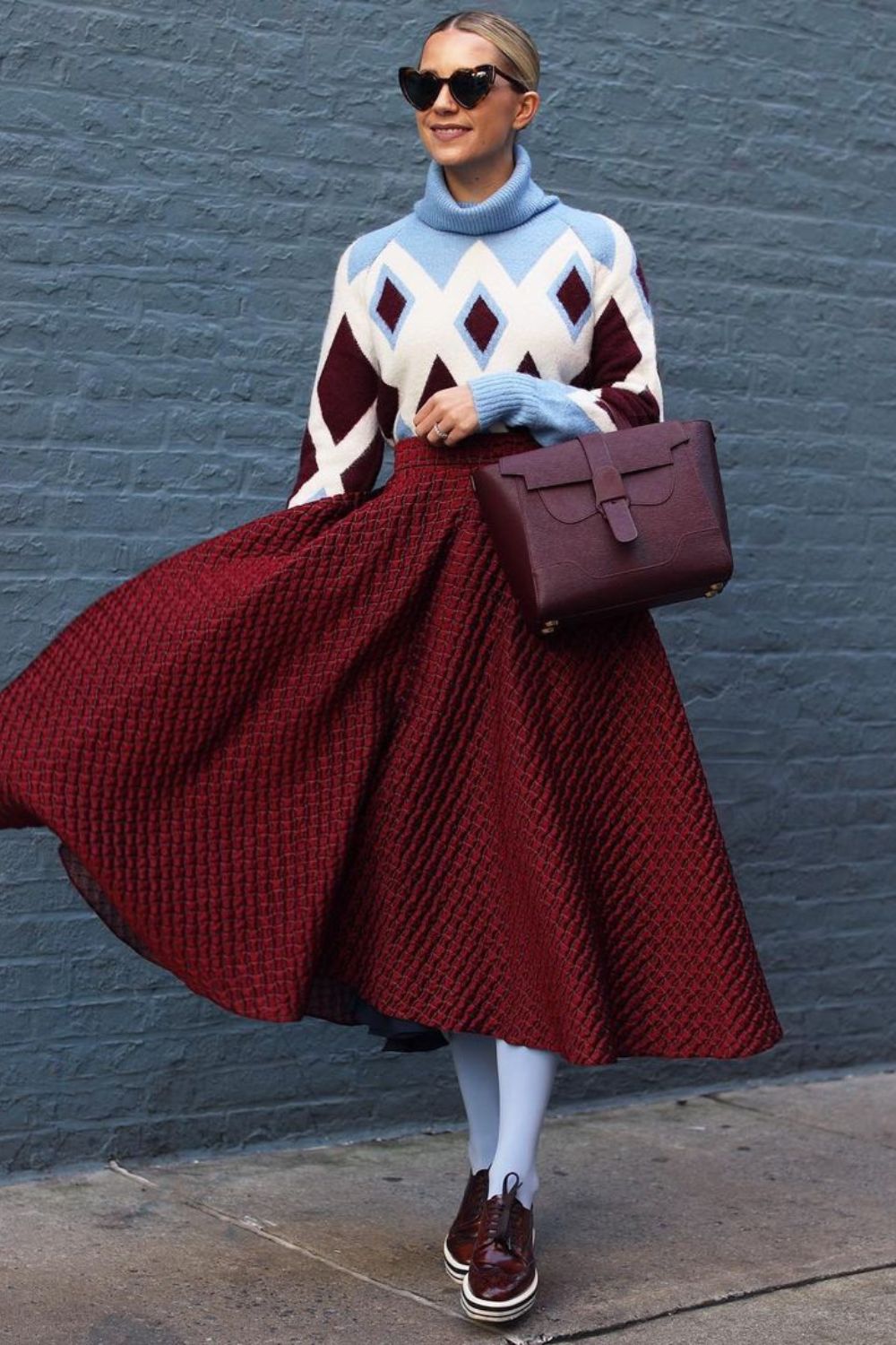 Geometric Sweater & Red Skirt