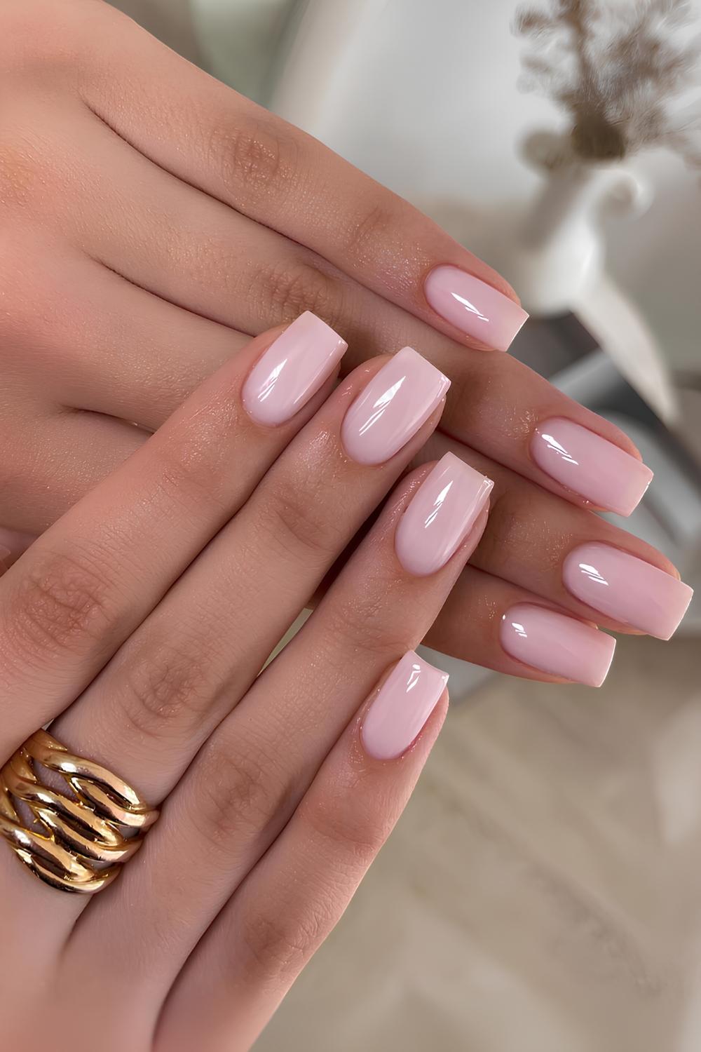 Glossy light pink square manicure