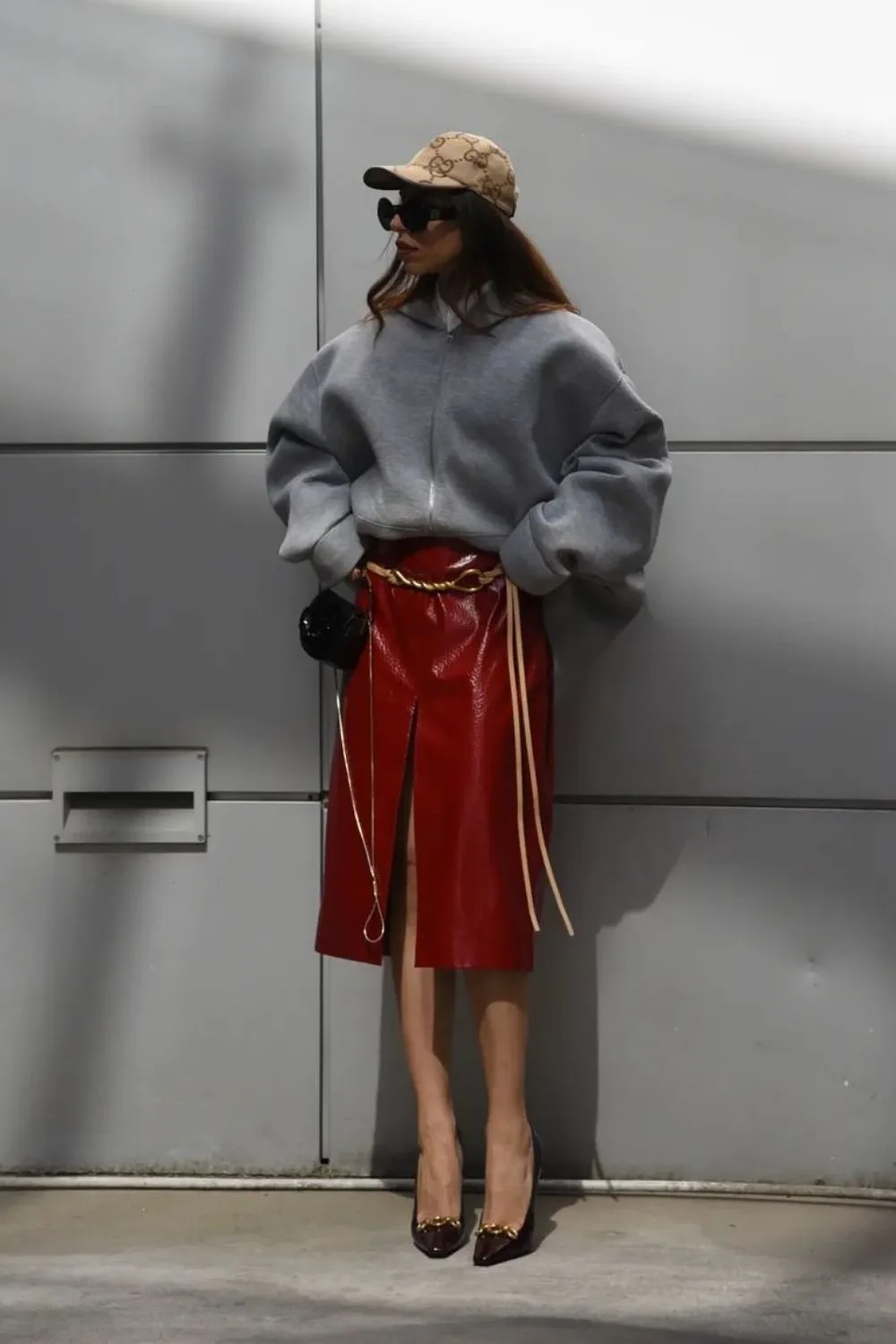 Grey Hoodie & Red Skirt