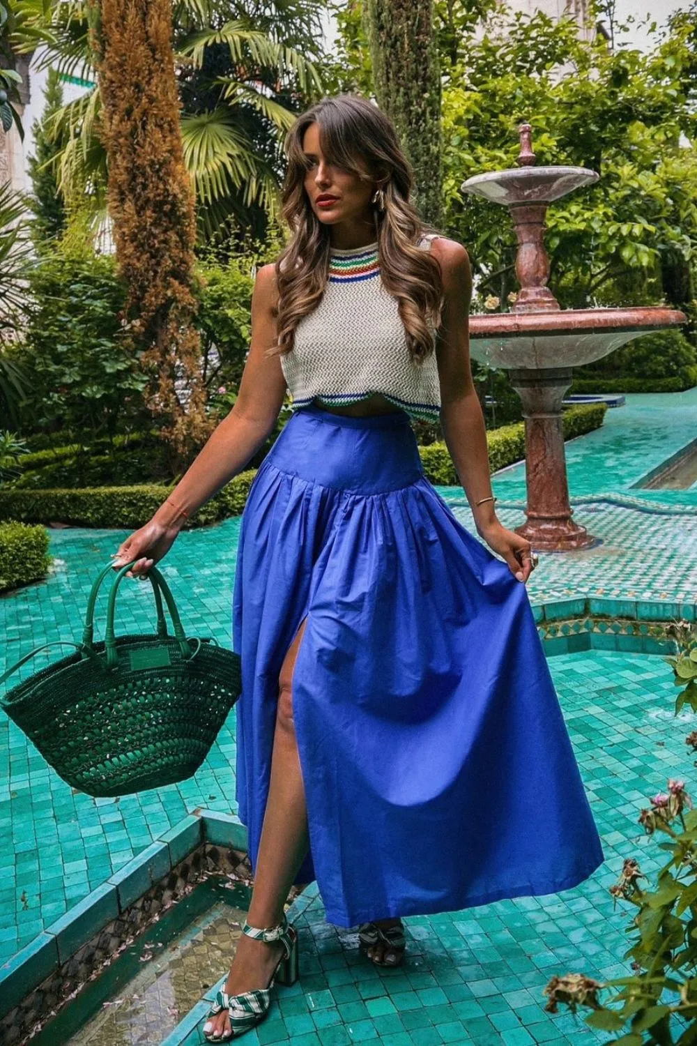 Knit Top & Blue Maxi Skirt