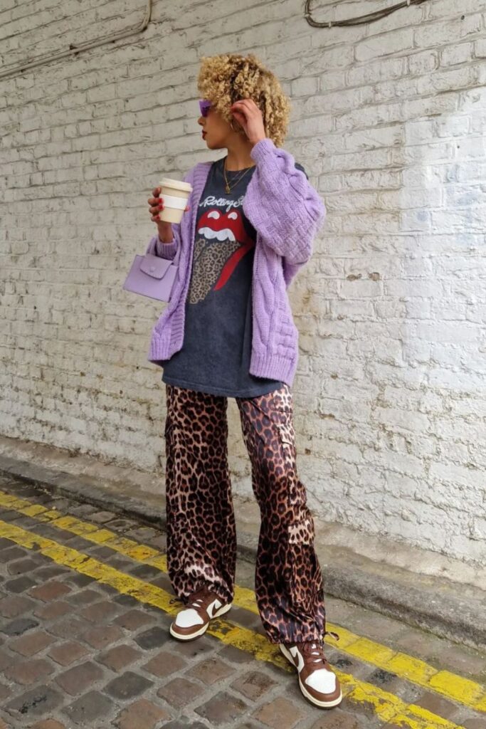 Women Purple Leopard Print Patchwork Pants Summer main image 0