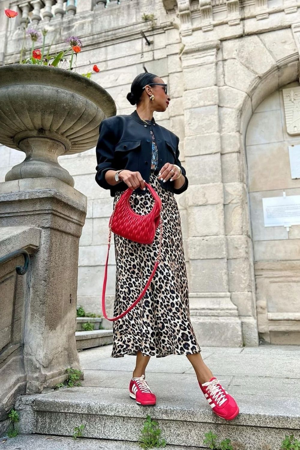 Leopard Skirt & Red Sneakers