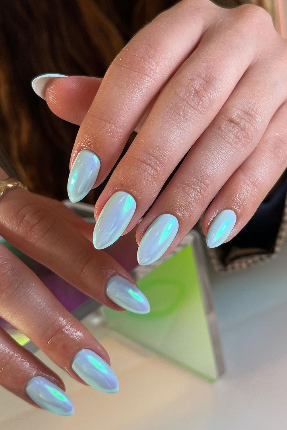 Light blue chrome nails