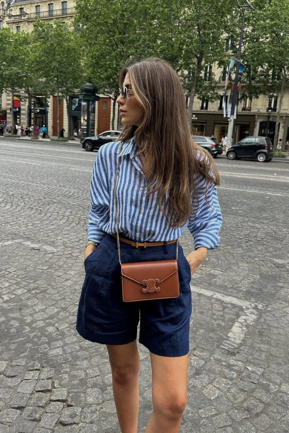 Linen striped shirt and navy shorts