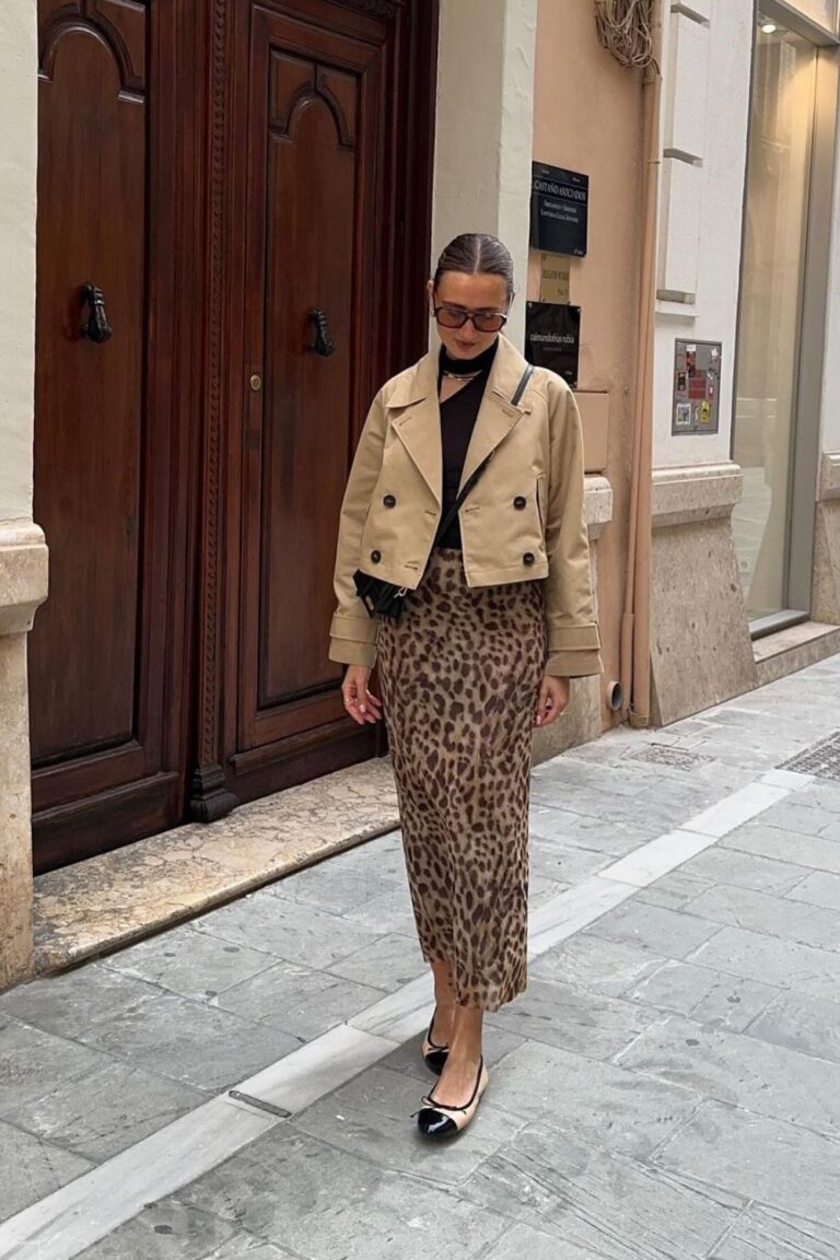 Pullover Shows Skinny Print Midi Skirt, Leopard Print Midi Mid-Rise Temperament Commuter Dress