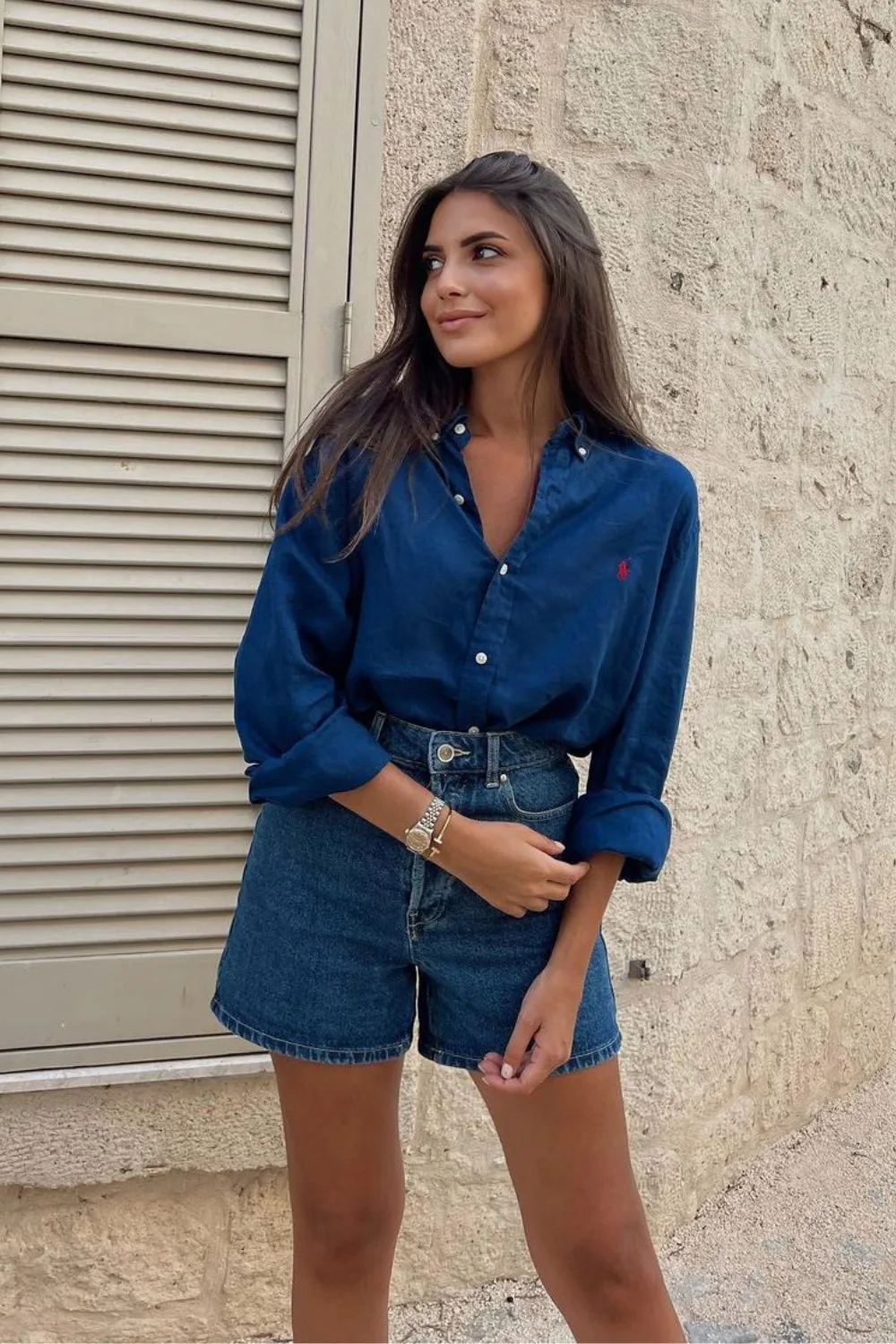 Navy shirt and jean shorts