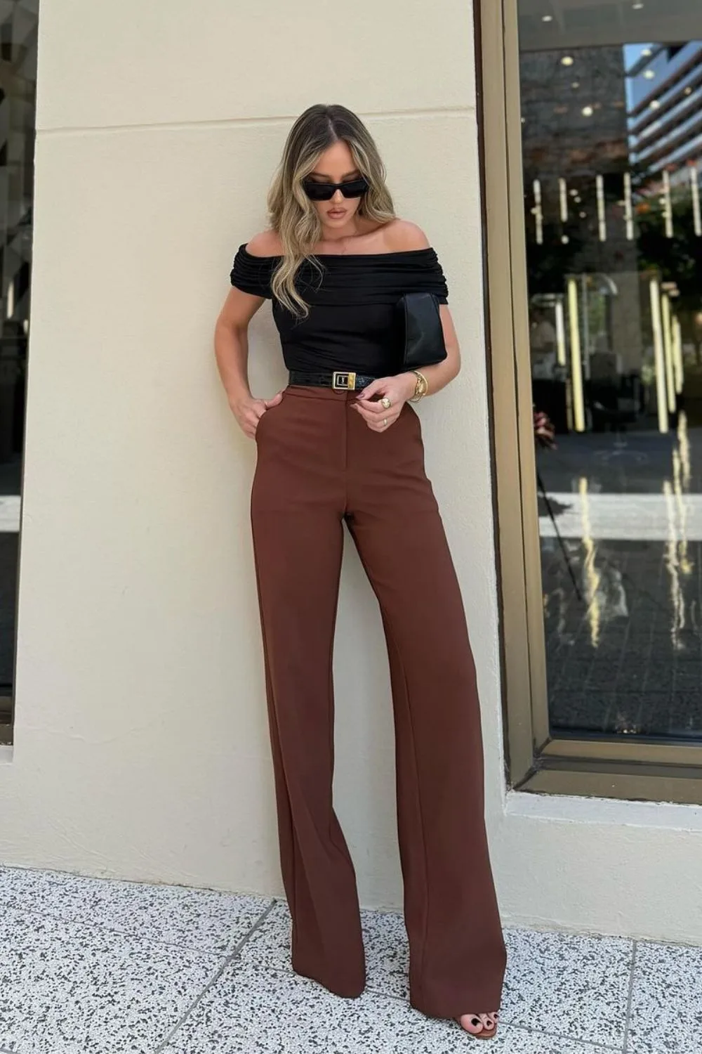 Off-Shoulder Top & High-Waist Brown Pants