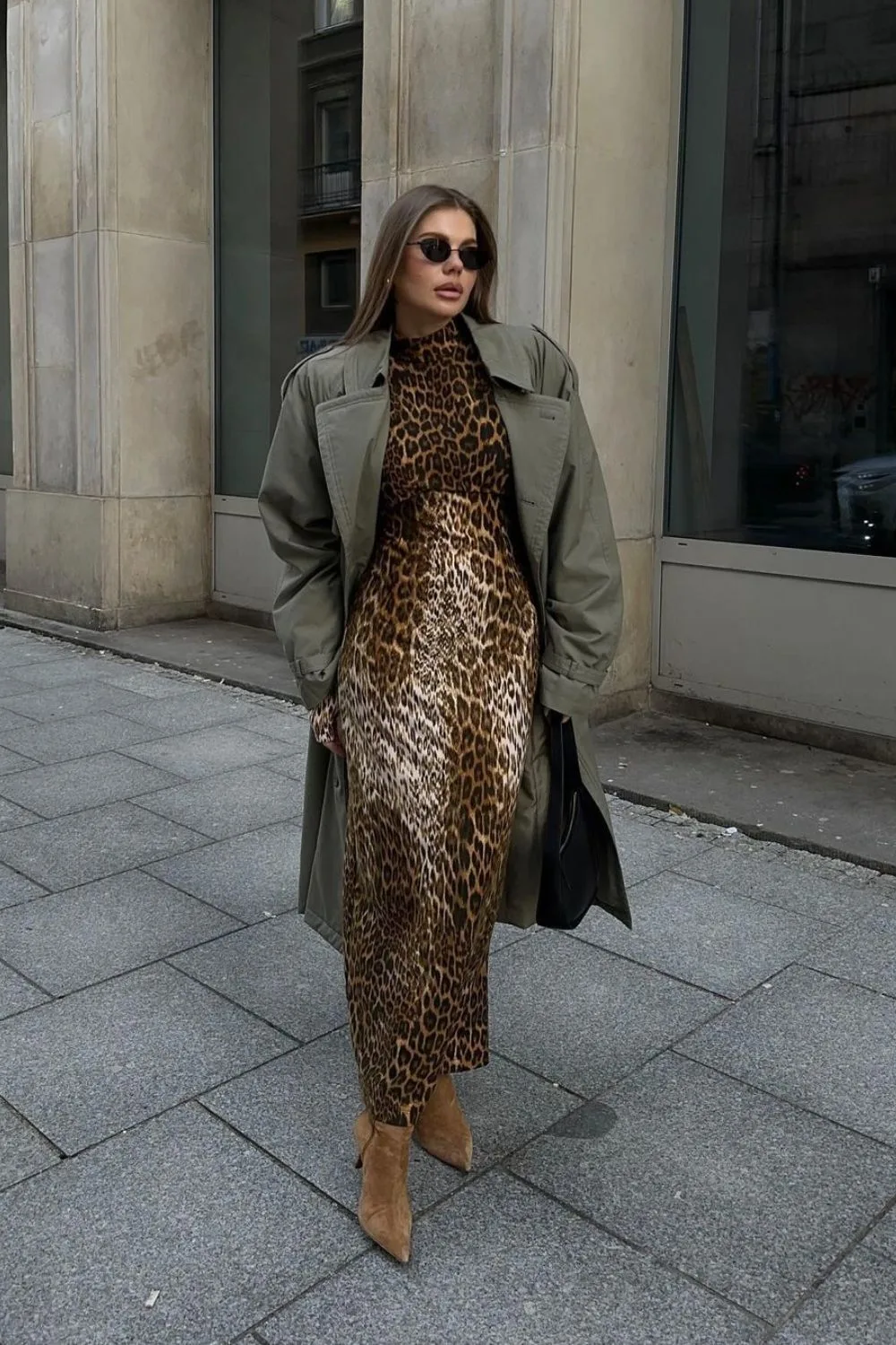 Olive Coat and Leopard Dress