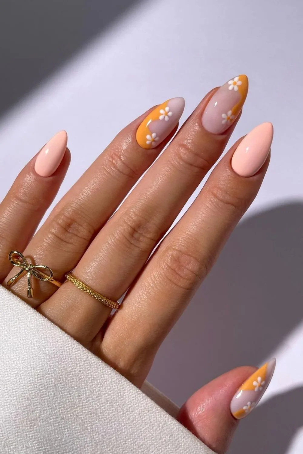 Orange and peachy pink floral nails