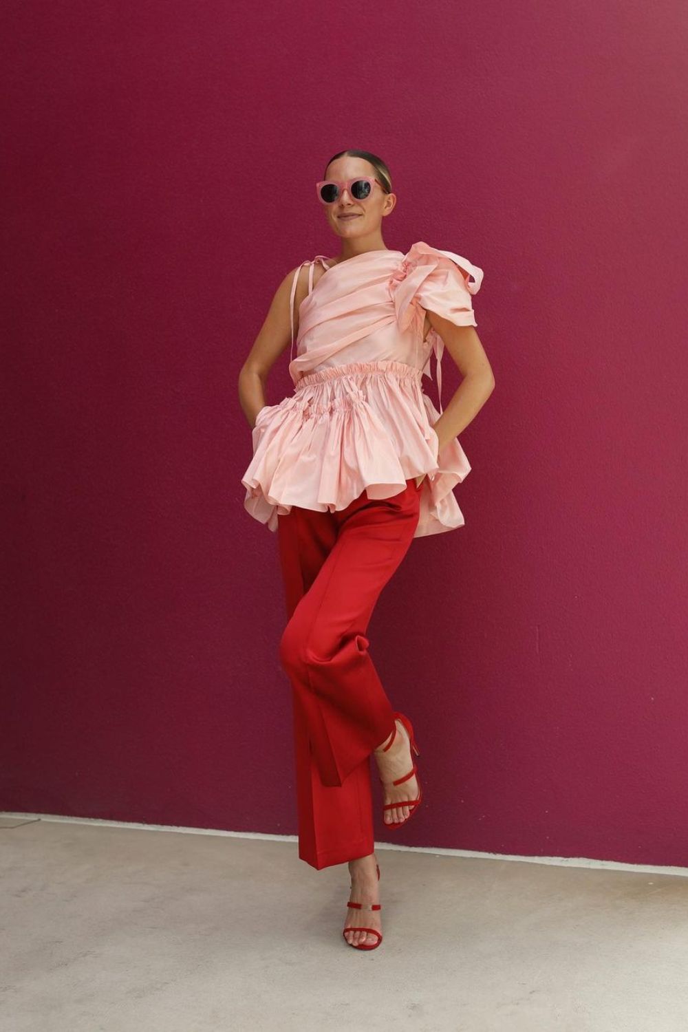 Pink Ruffled Top & Red Pants