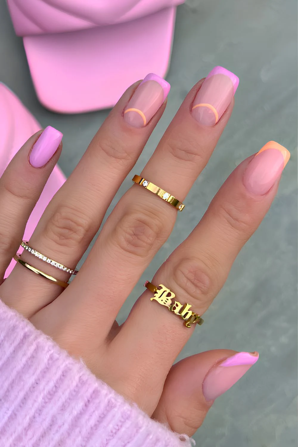 Pink and orange French mani with halfmoon outlines