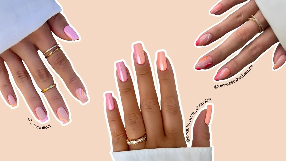 A collage of pink and orange nail designs