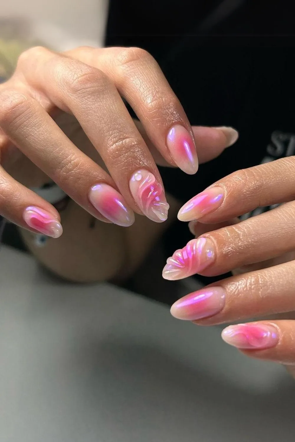 Pink blush seashell nails with bubbles