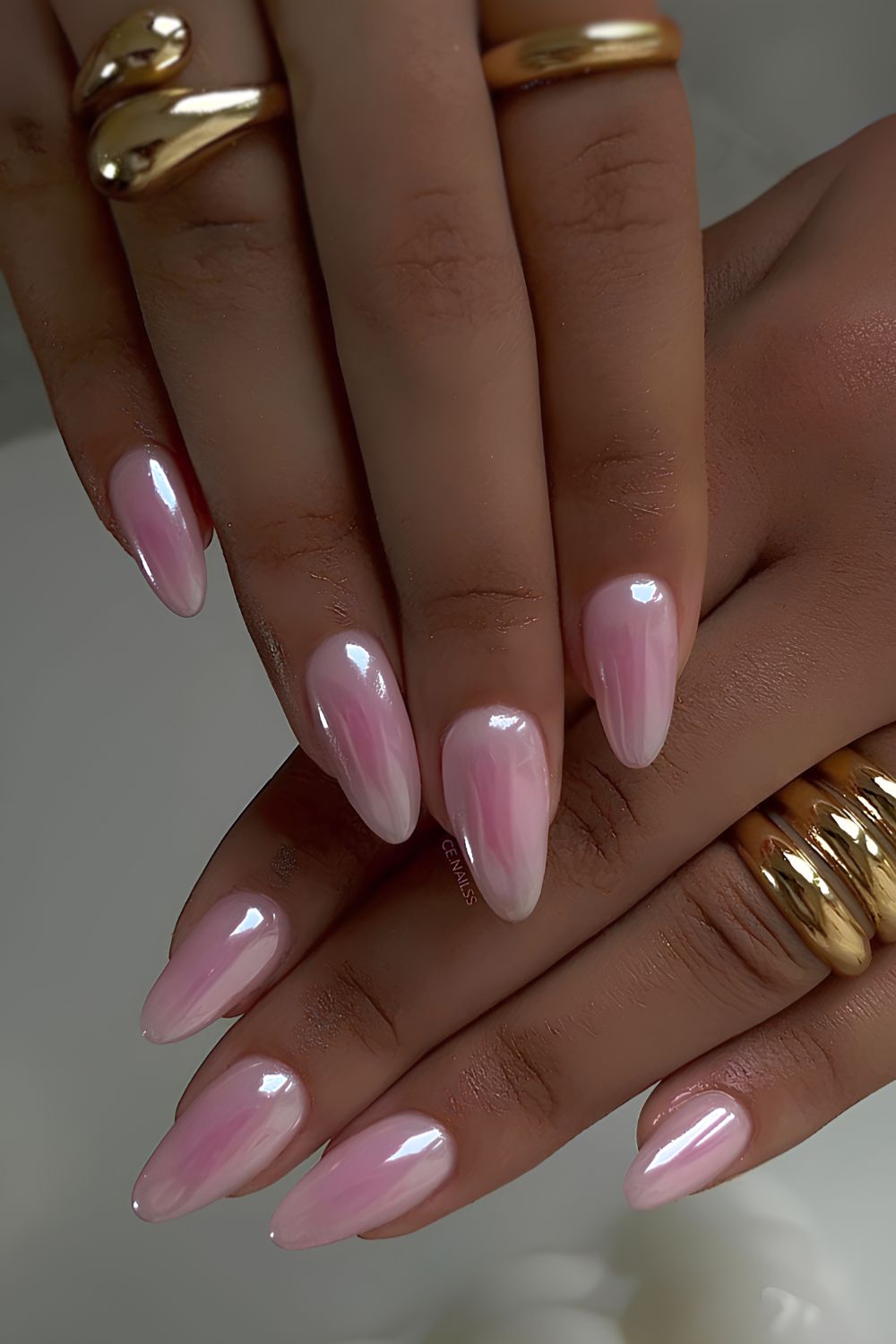 Pink chrome aura manicure