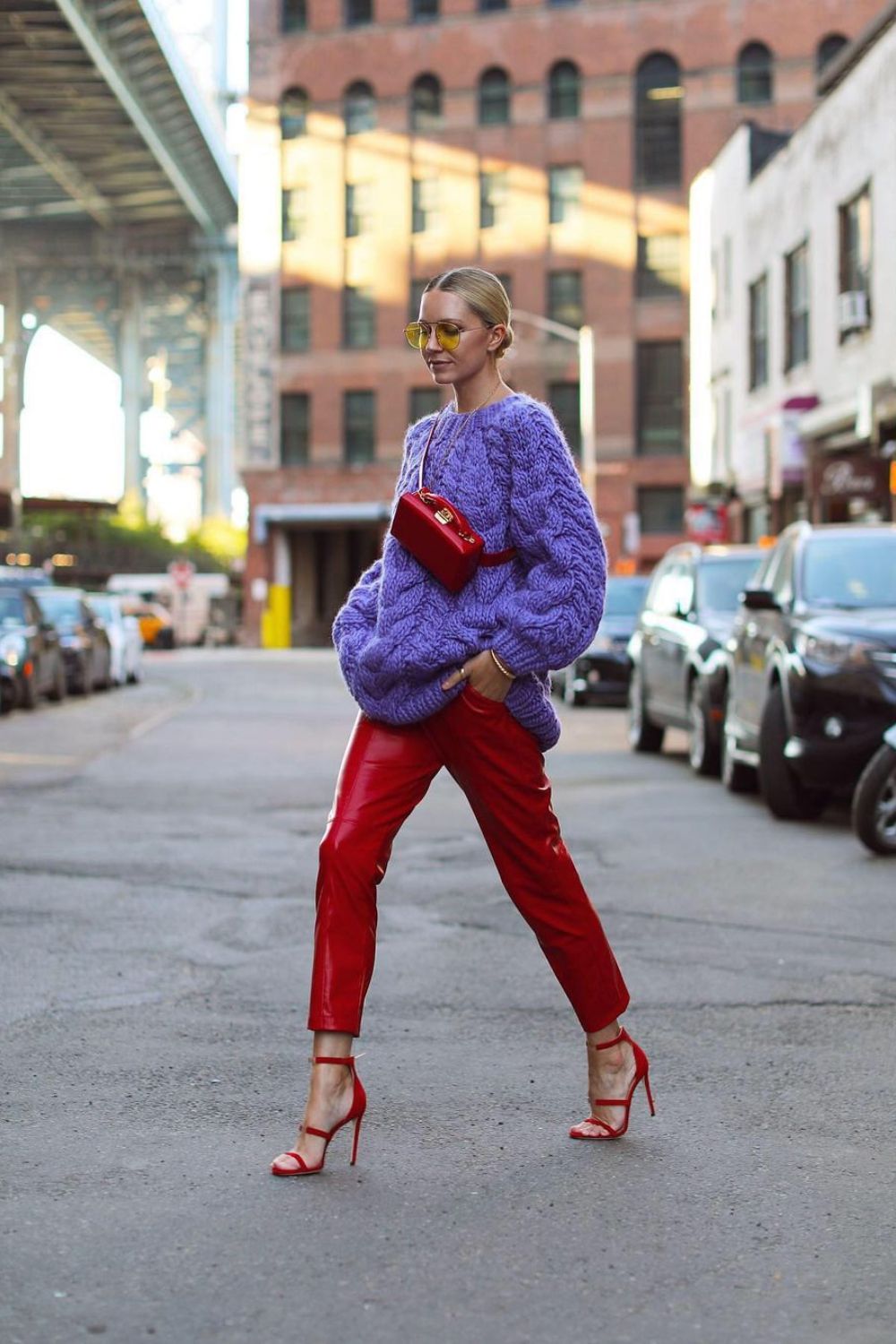 Purple Sweater & Red Leather Pants