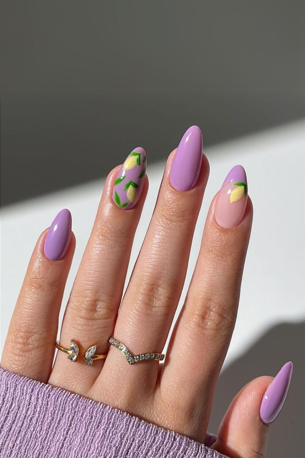 Purple nails with lemon accents