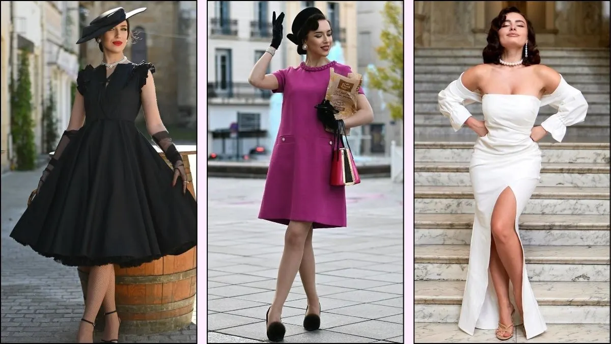 a collage of three retro glam dresses