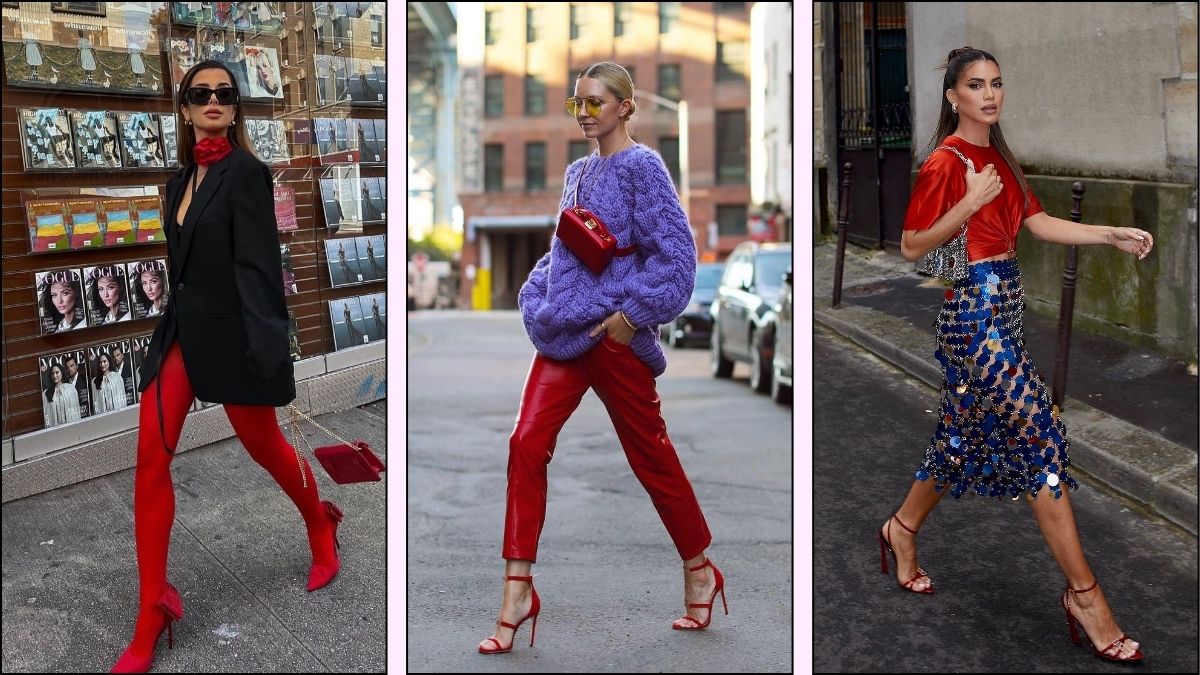 collage of three pictures with red outfits