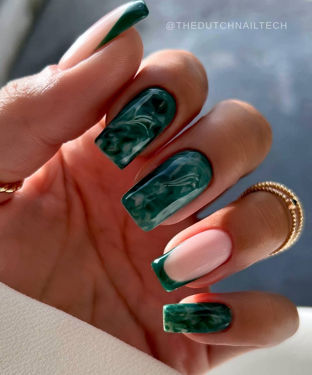 Square dark green marble nails