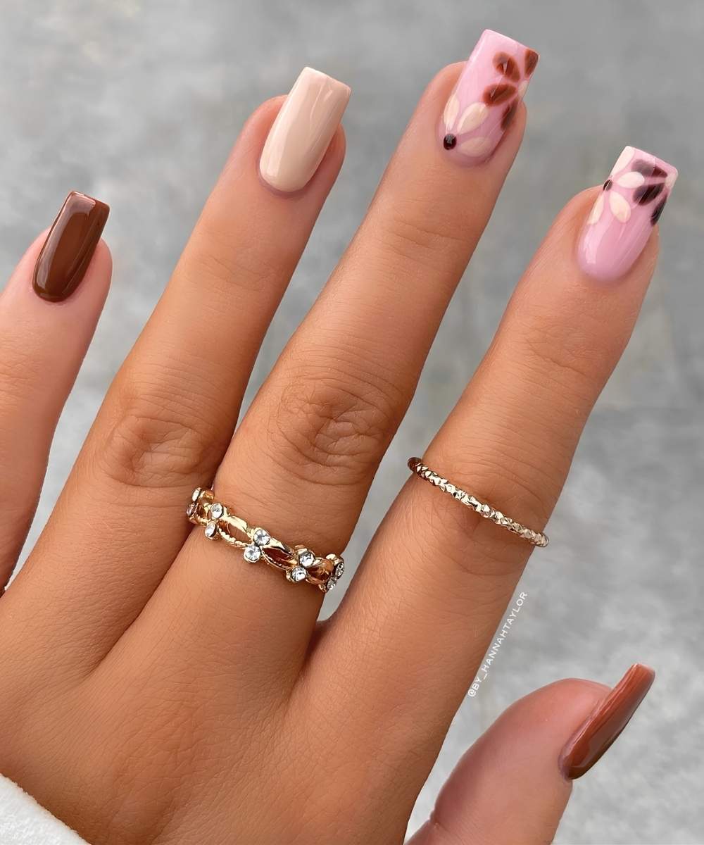 Square neutral fall floral nails
