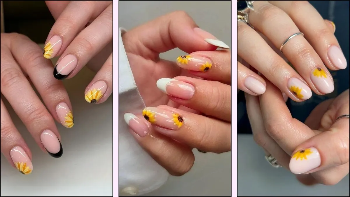 A collage of sunflower nail designs