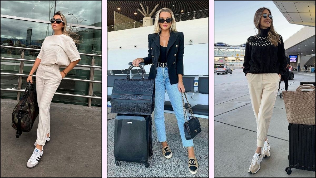 a collage of three stunning airport outfits