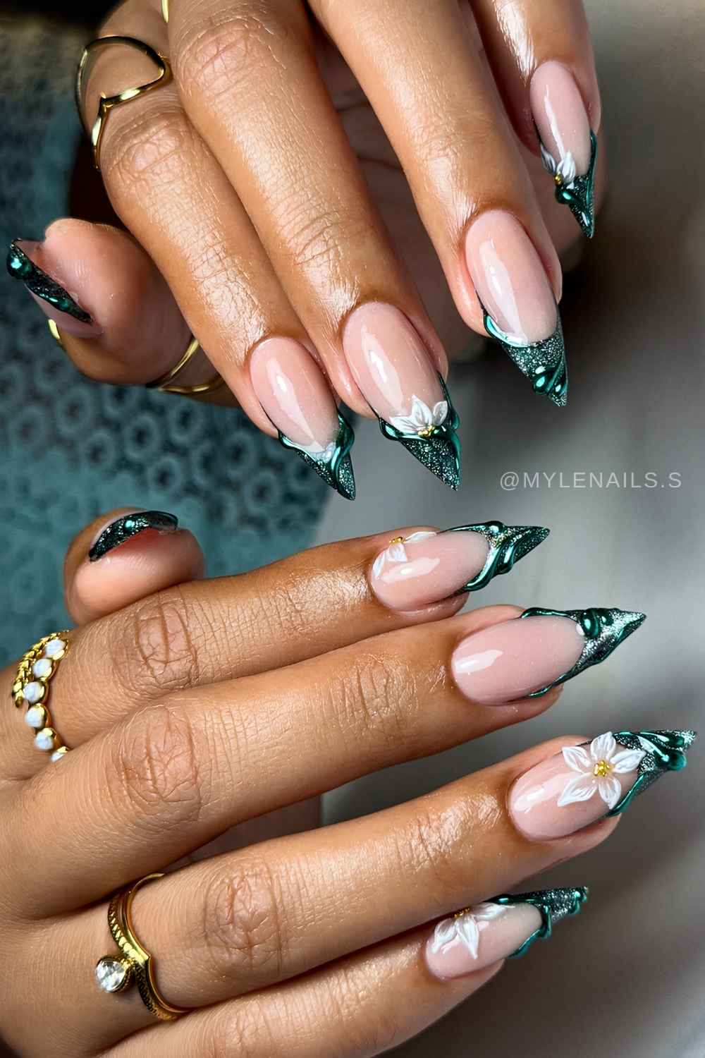 Velvet green French nails with 3d flowers and swirls