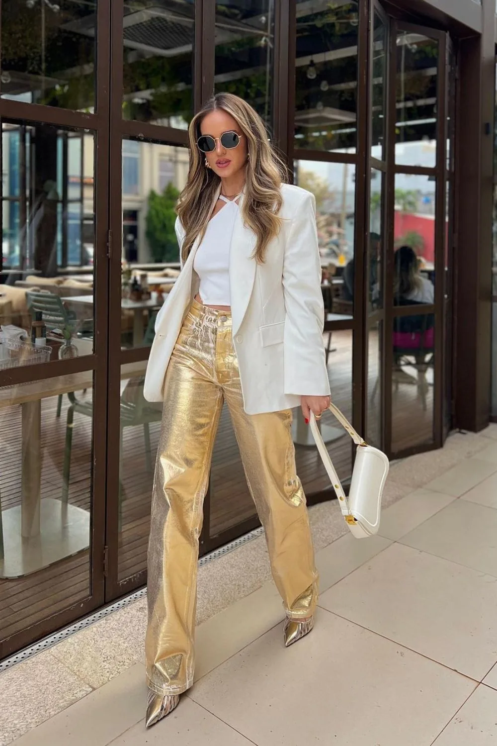 White Blazer & Metallic Gold Pants