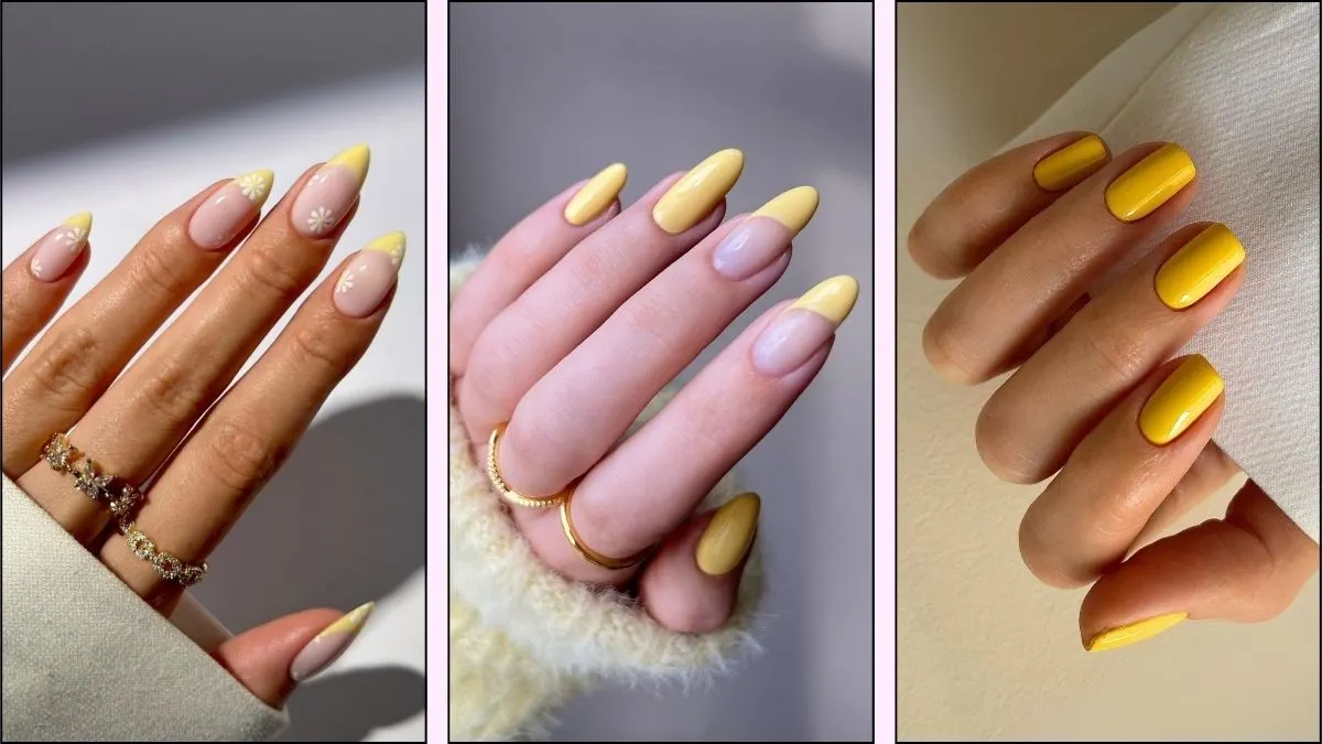 A collage of yellow summer nail designs