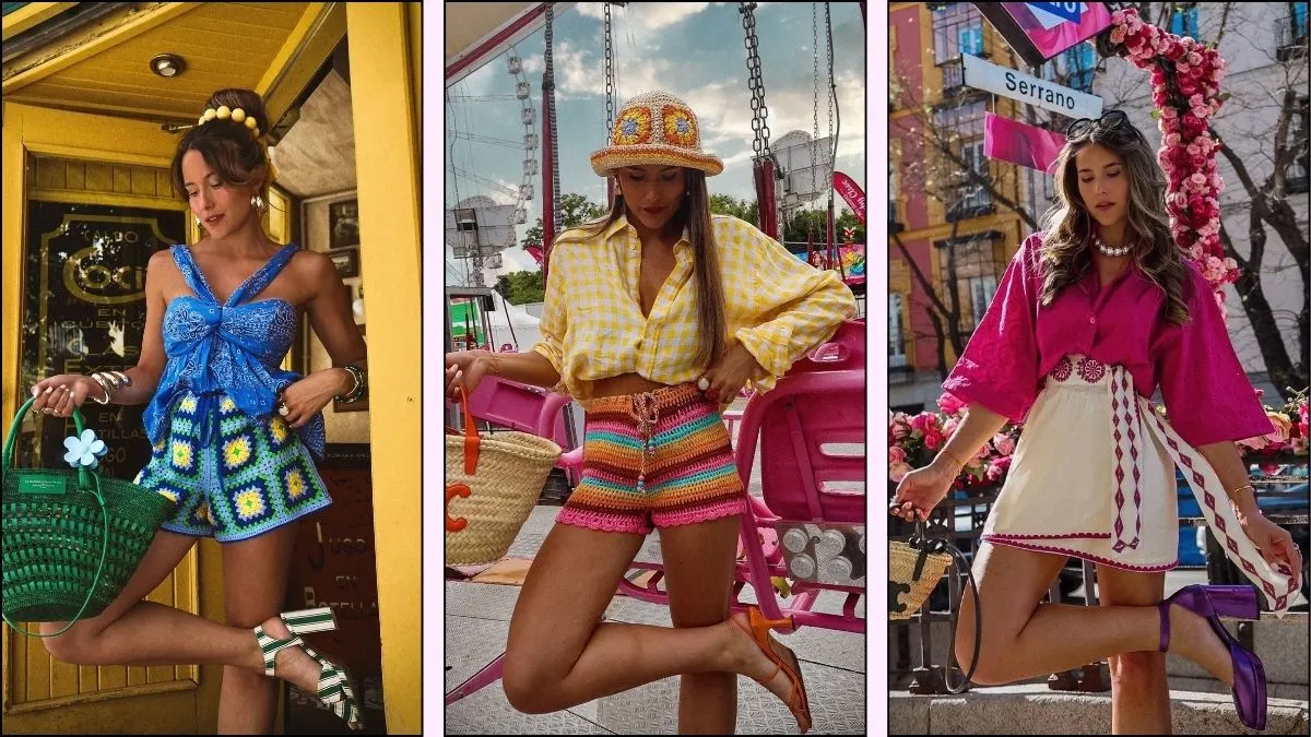 a collage of three colorful summer outfits