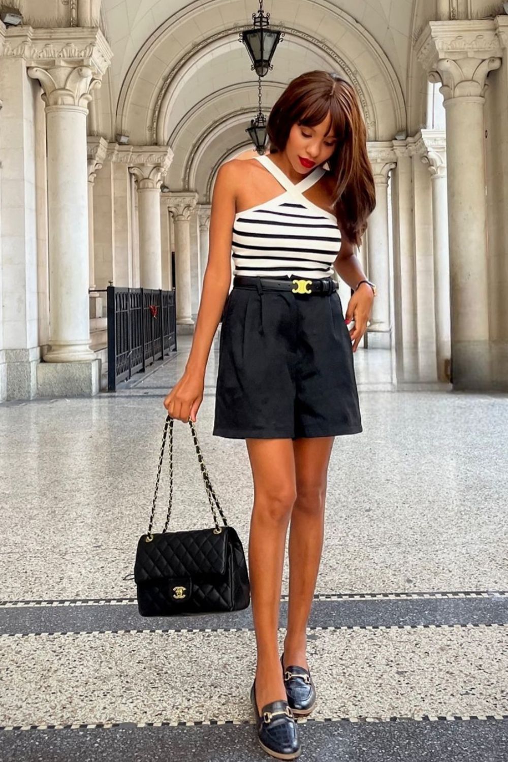 striped halter top with high waisted black shorts