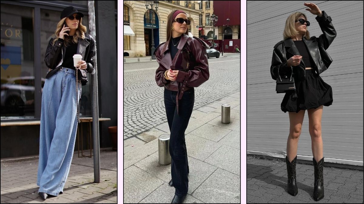 a collage of three leather jacket outfits