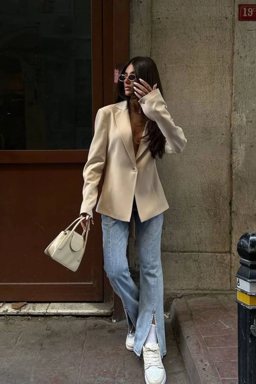 Beige Blazer & Flared Jeans