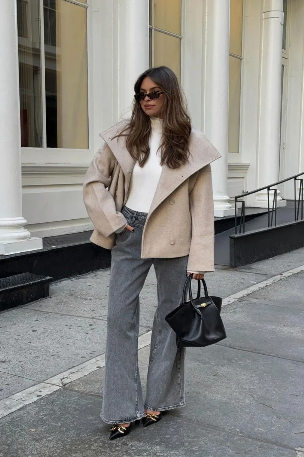 Beige Coat with Grey Wide-Leg Jeans