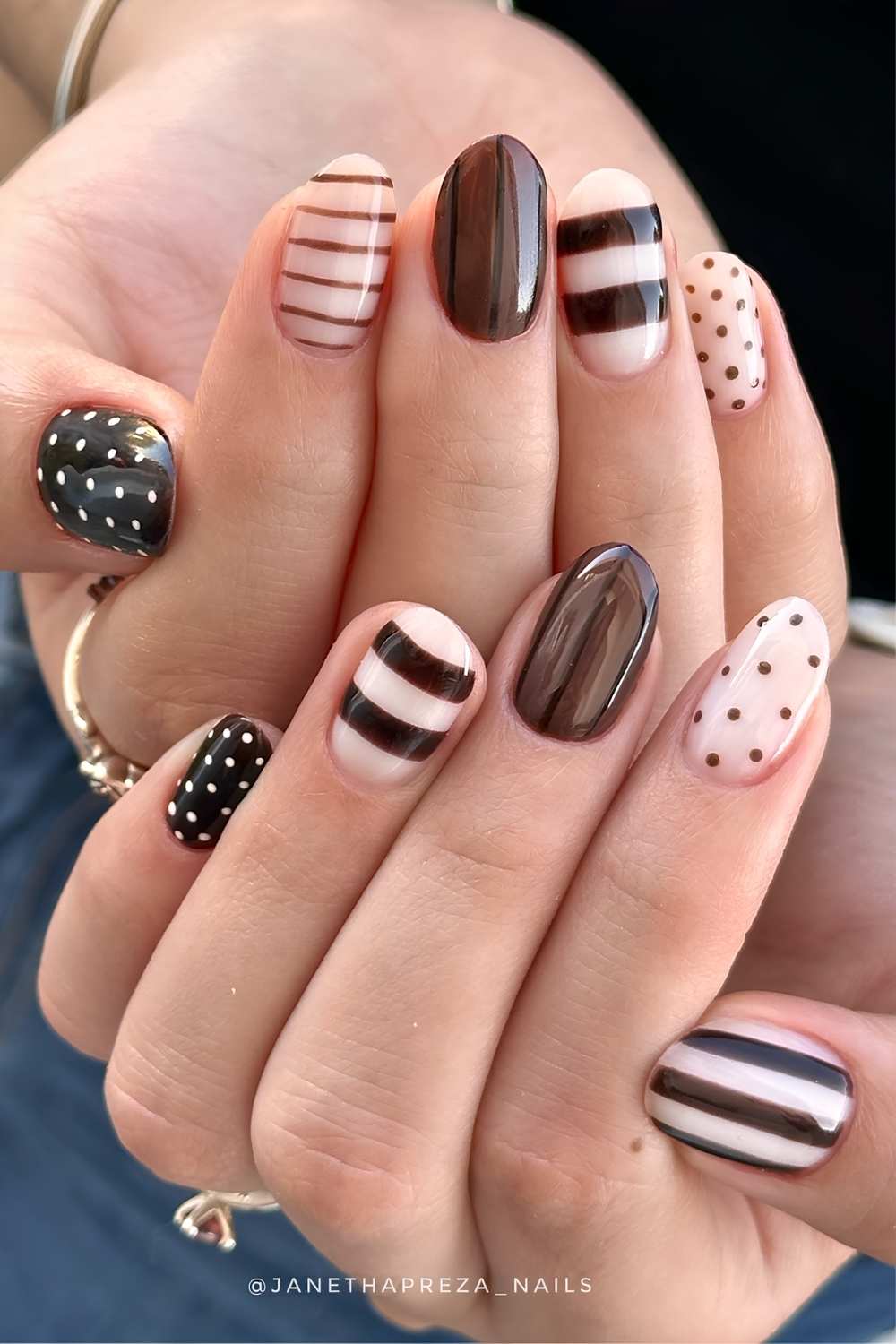 Beige and brown nails with dots and stripes