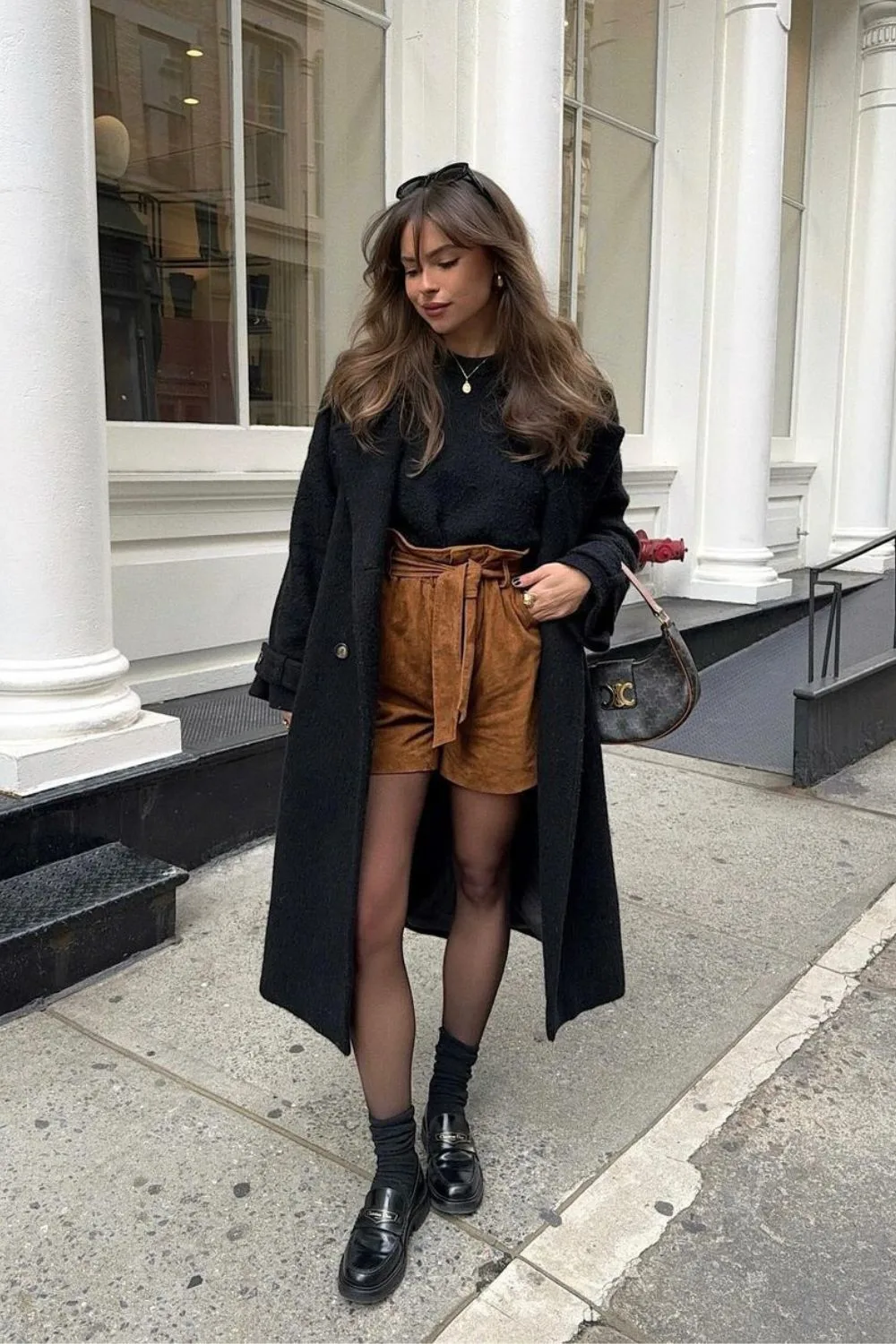 Black Coat with Brown Shorts & Loafers