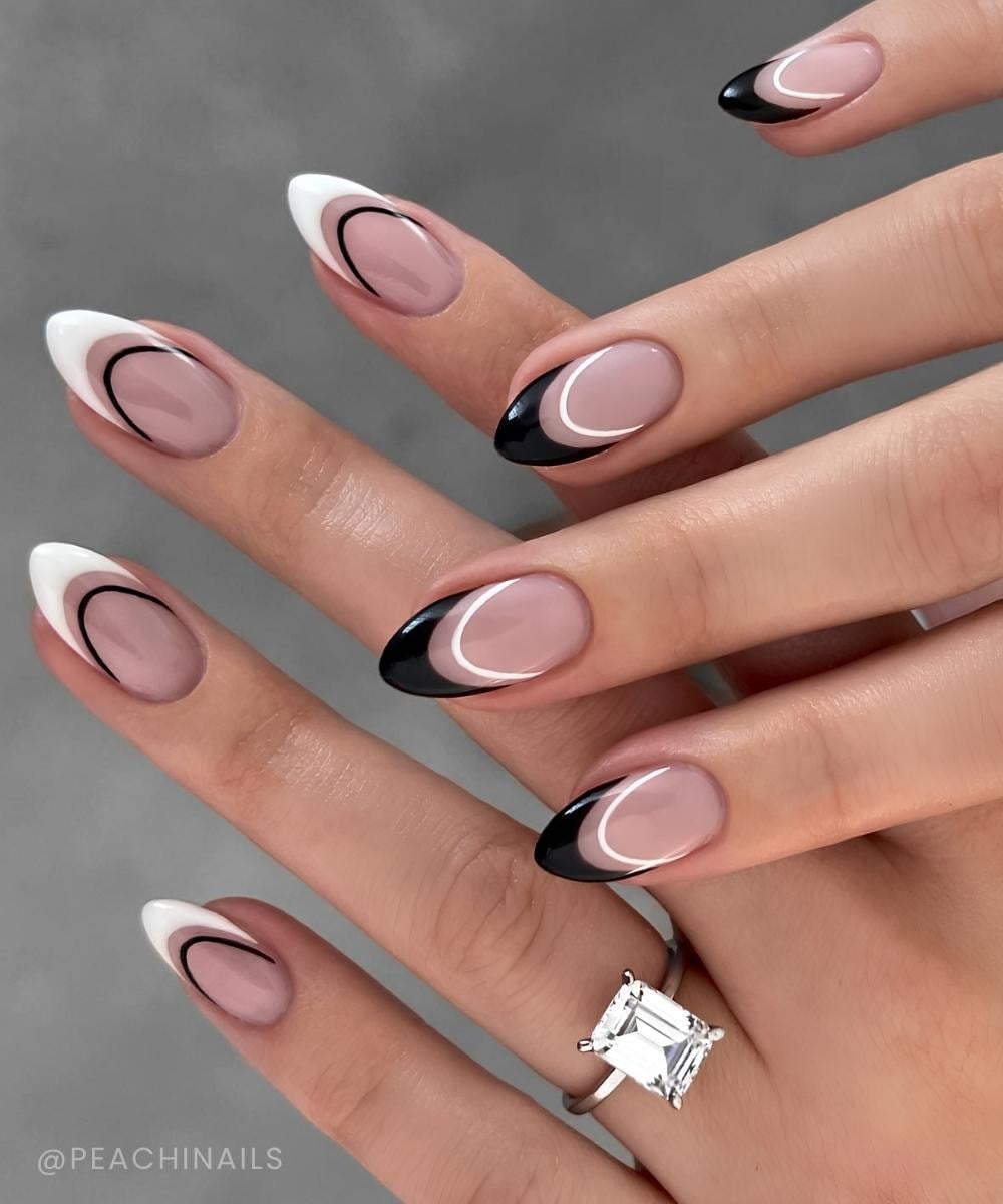 Black and white outlined French tip manicure