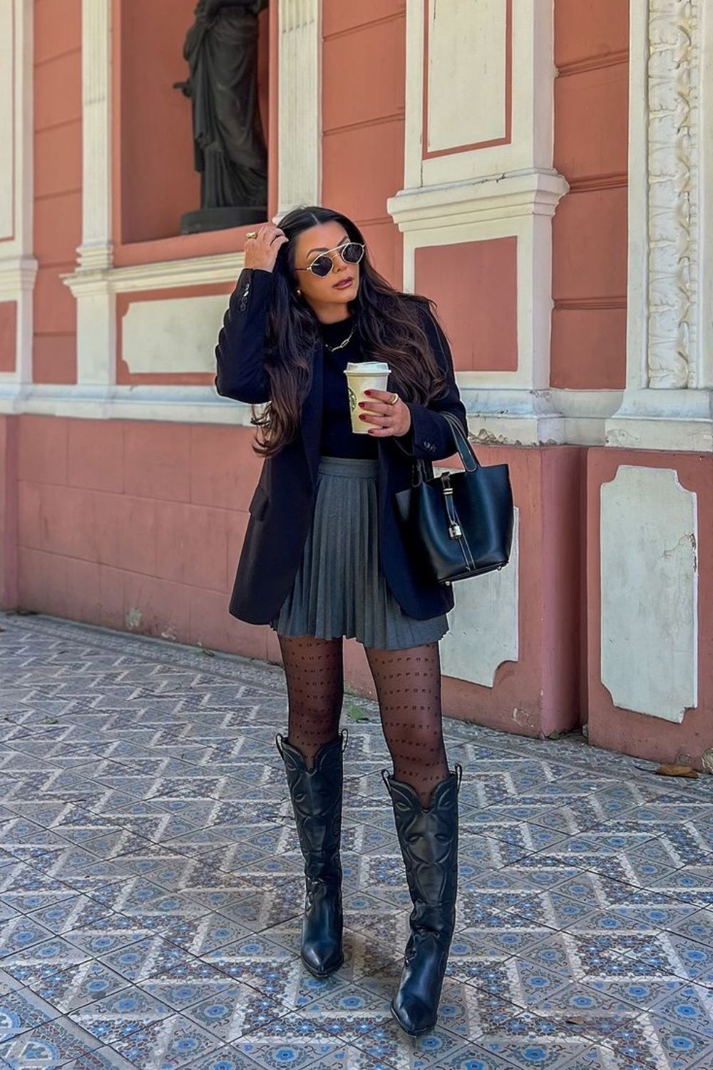 Blazer with Pleated Skirt & Cowboy Boots